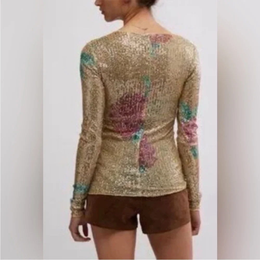 FREE PEOPLE PRINTED GOLD RUSH FLORAL LONG SLEEVE CREW NECK TOP SIZE SMALL NWT